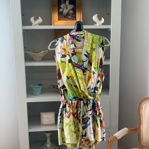 PARKER Silk Romper yellow green tropical floral designer S 4 6 $228 spring